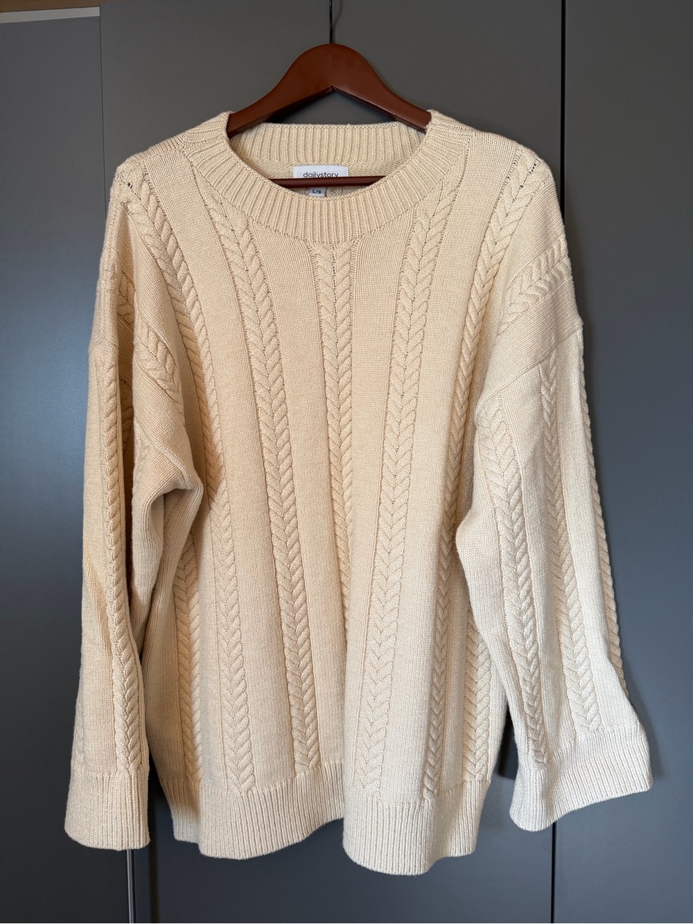 Dailystory Cream Cable Knit Oversized Crewneck Sweater L